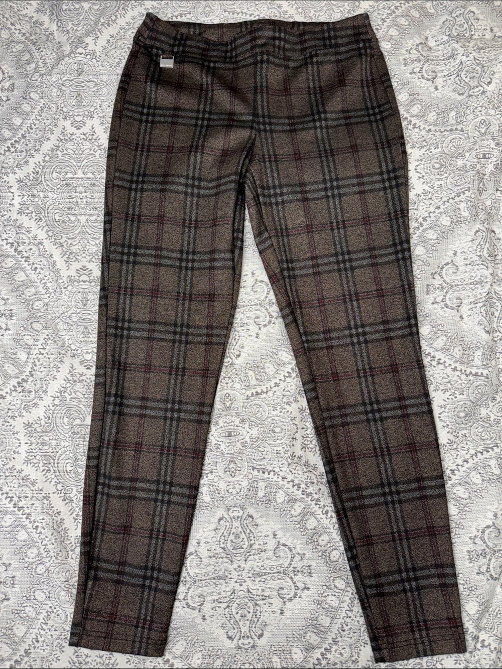Zac & Rachel Plaid Slim Ponte Pants - Brown and Black - Medium